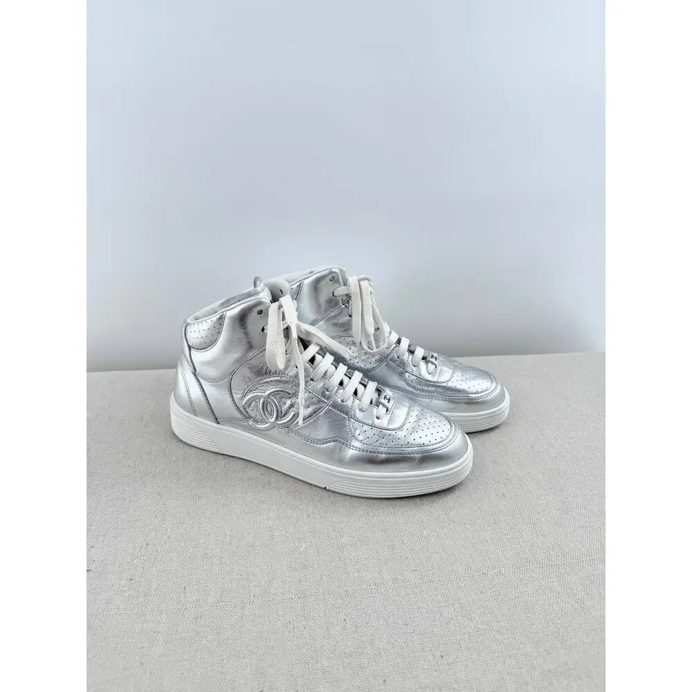 Chanel Metallic Leather CC Logo High Top Trainer Sneakers Silver Women's EU 41